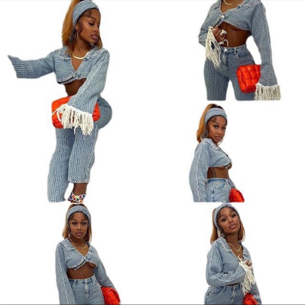 2-Piece Brand New Denim/Cotton blend sets with fringes on Sleeve. - Picture 2 of 2